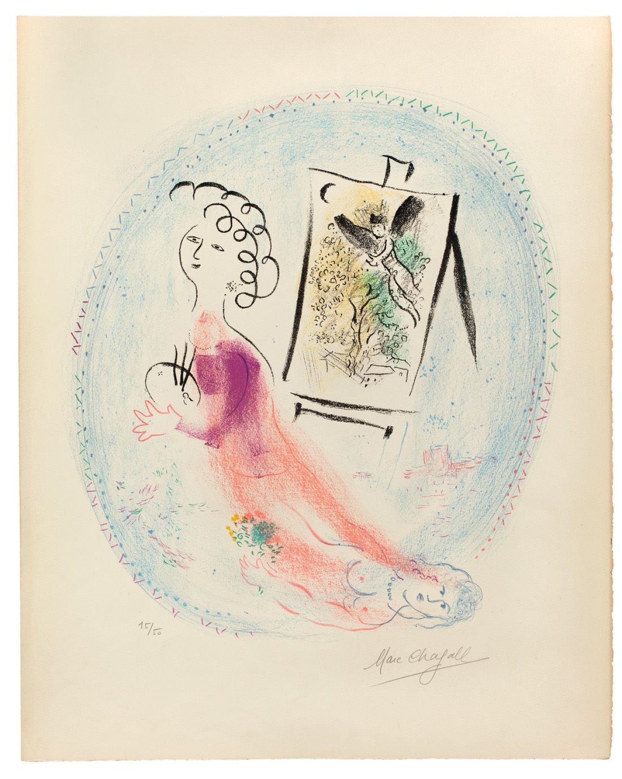 Auf diesem Bild ist das folgende Kunstwerk zu sehen: Marc Chagall. „Le Chevalet“. 1969.