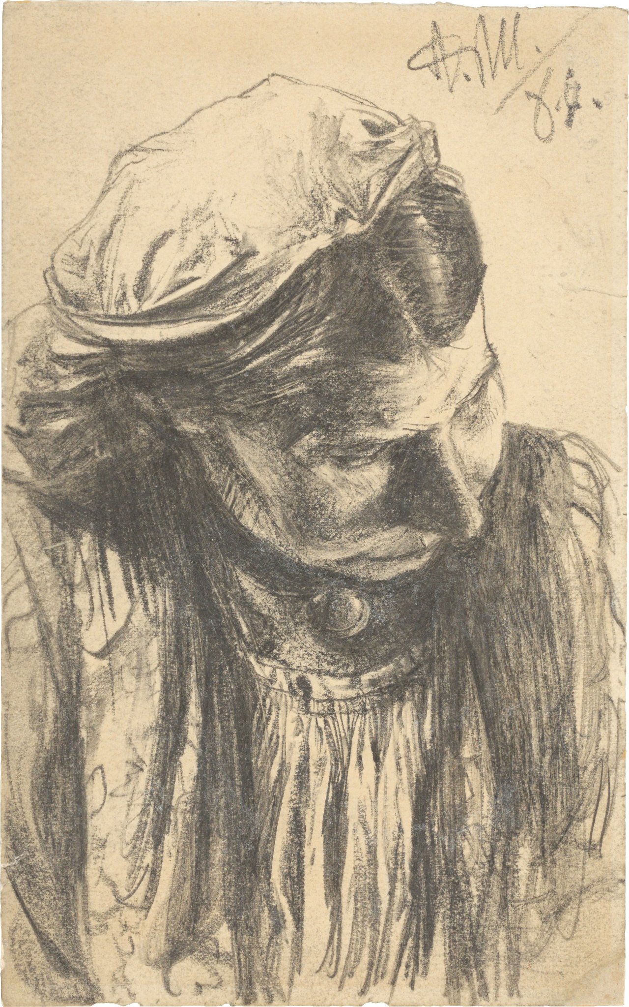 Auf diesem Bild ist das folgende Kunstwerk zu sehen: Adolph Menzel. Geneigter Frauenkopf. 1884.