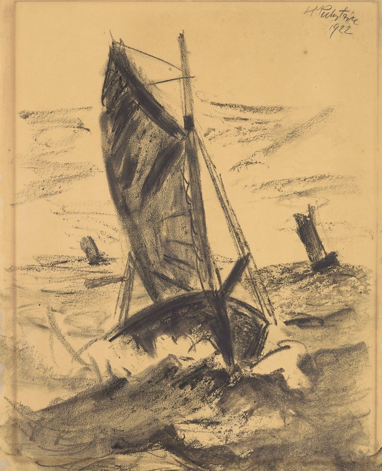 Auf diesem Bild ist das folgende Kunstwerk zu sehen: Max Pechstein. Kutter in der Brandung. 1922.