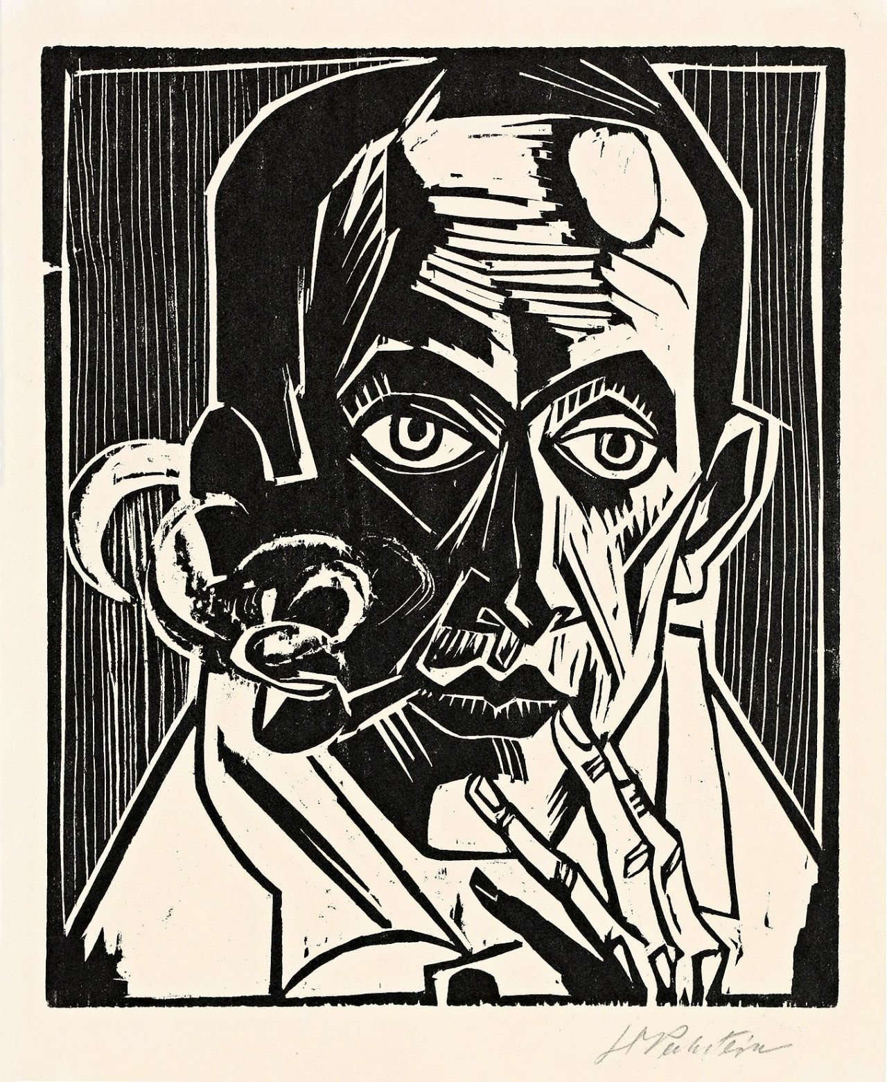 Auf diesem Bild ist das folgende Kunstwerk zu sehen: Max Pechstein. „Selbstbildnis mit Pfeife“. 1921.