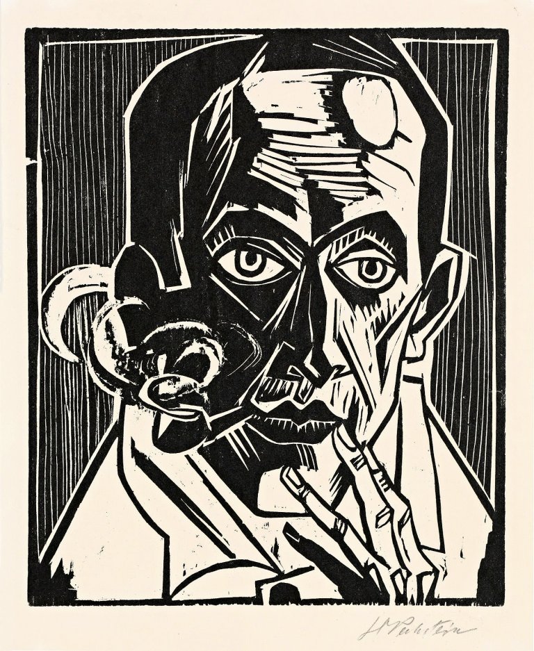 Auf diesem Bild ist das folgende Kunstwerk zu sehen: Max Pechstein. „Selbstbildnis mit Pfeife“. 1921.