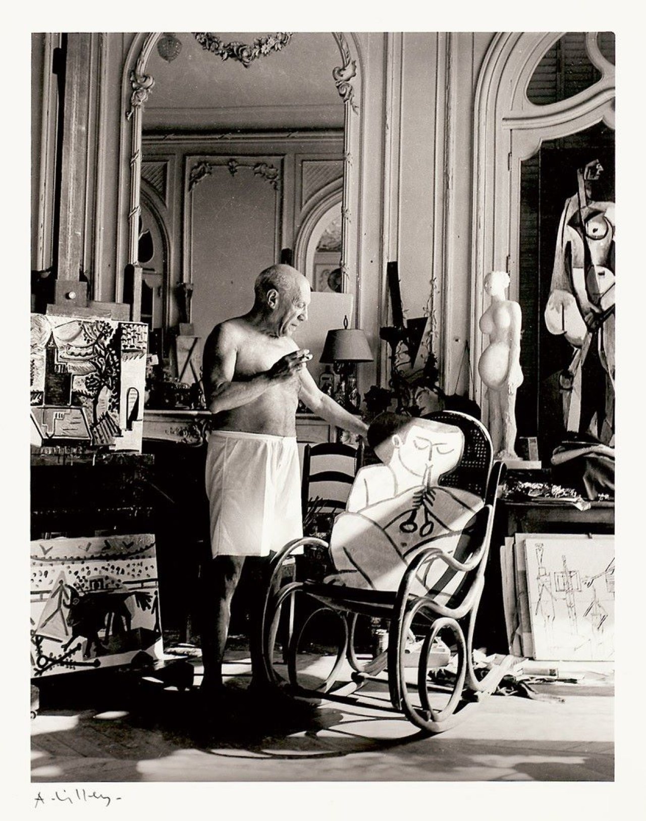 Auf diesem Bild ist das folgende Kunstwerk zu sehen: André Villers. Pablo Picasso, Cannes. 1956.