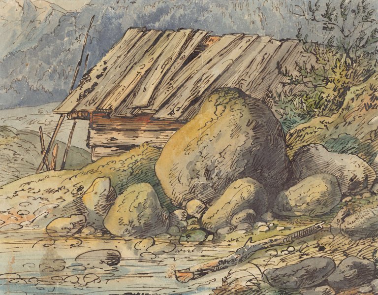 Auf diesem Bild ist das folgende Kunstwerk zu sehen:  Deutsch, um 1830. Fischerhütte an einem Fjord.