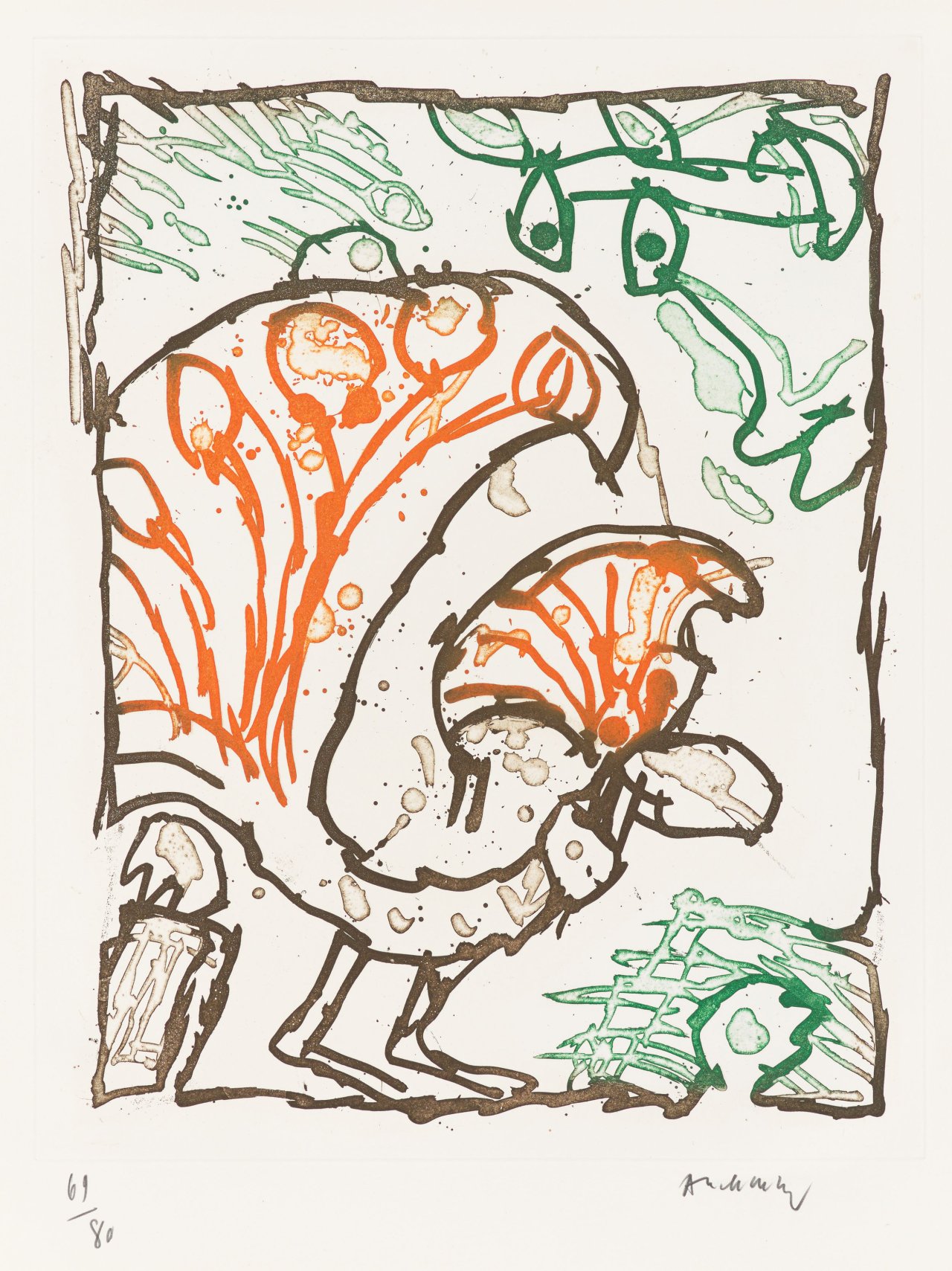 Auf diesem Bild ist das folgende Kunstwerk zu sehen: Pierre Alechinsky. Der Pfau. 1980.