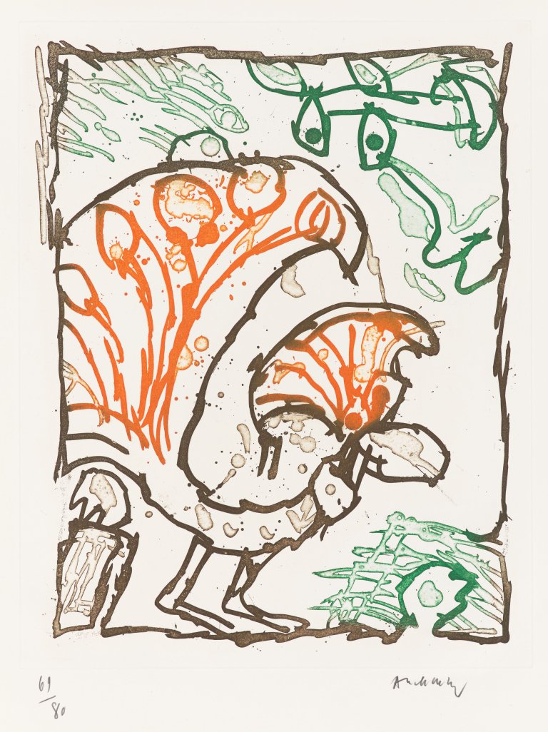 Auf diesem Bild ist das folgende Kunstwerk zu sehen: Pierre Alechinsky. Der Pfau. 1980.