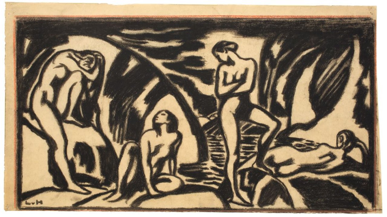 Auf diesem Bild ist das folgende Kunstwerk zu sehen: Ludwig von Hofmann. Vier Frauen in Felsenlandschaft.