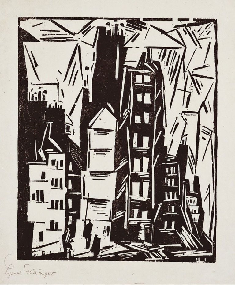 Auf diesem Bild ist das folgende Kunstwerk zu sehen: Lyonel Feininger. „Pariser Häuser“. 1919.