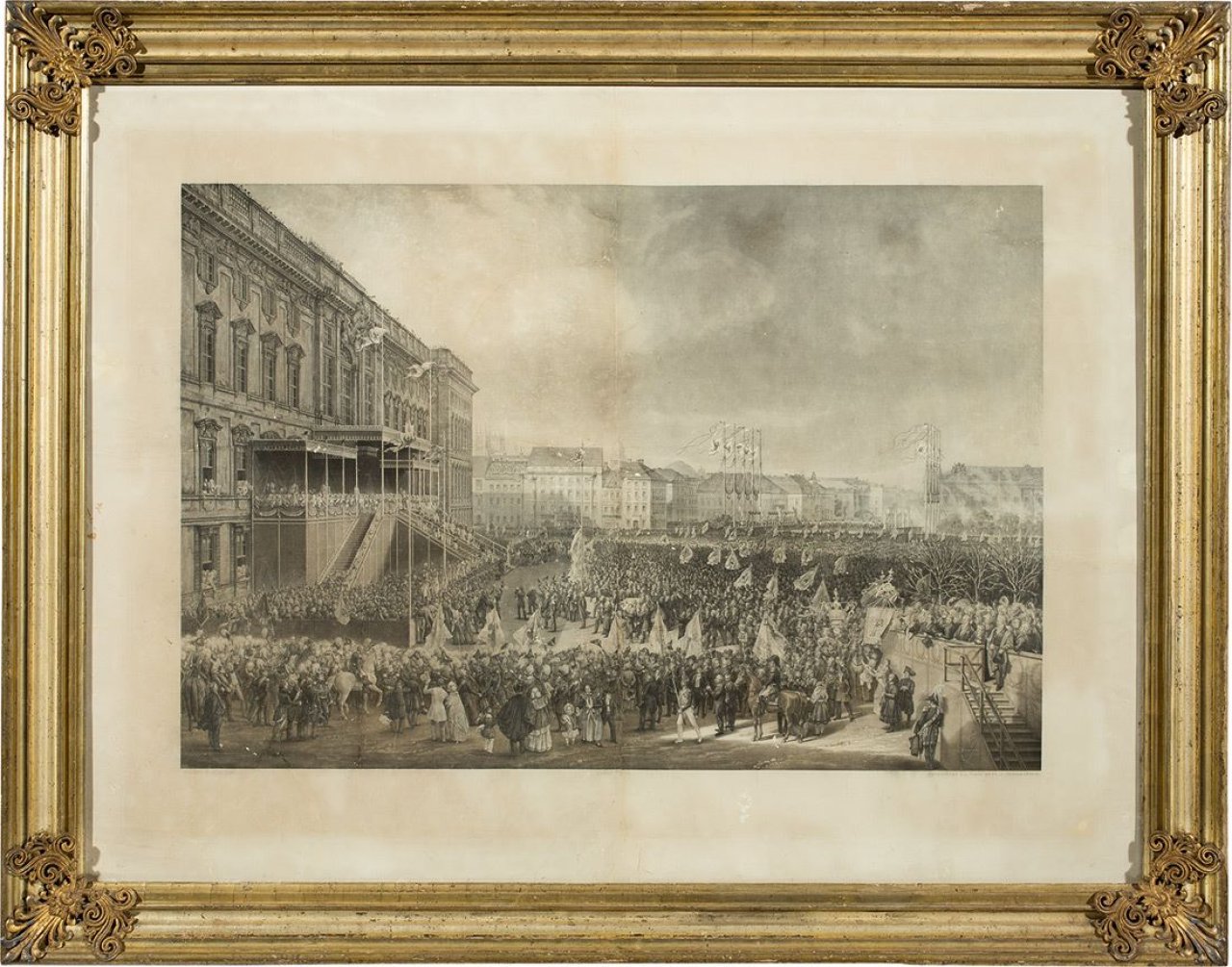 Auf diesem Bild ist das folgende Kunstwerk zu sehen: Karl Friedrich Schinkel. Typenrahmen mit dem Stahlstich der Huldigung König Friedrich Wilhelms IV. am Berliner Schloß, 1844. Um 1844.