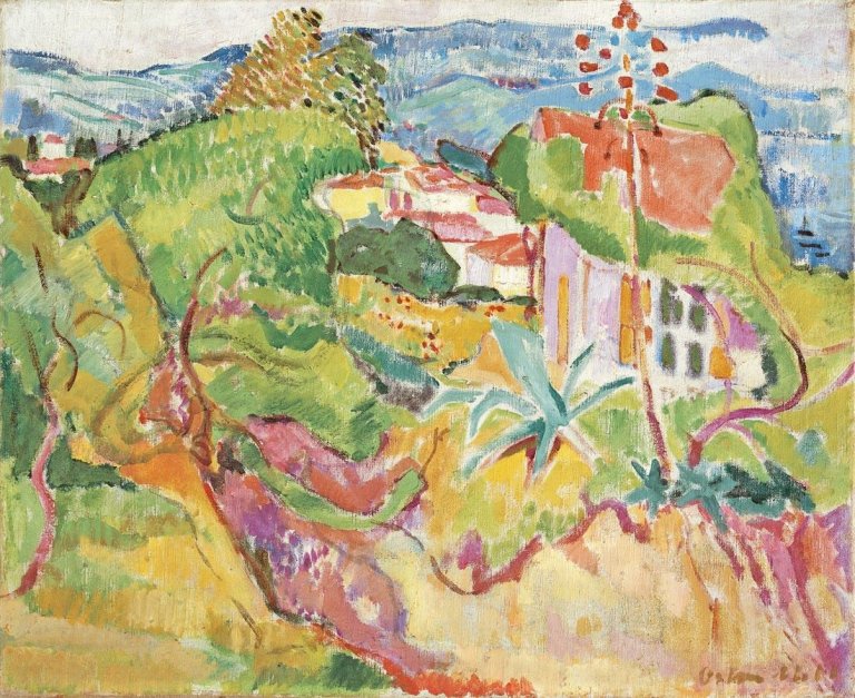Auf diesem Bild ist das folgende Kunstwerk zu sehen: Oskar Moll. „Landschaft bei Ajaccio (Landschaft auf Korsika)“. 1912.