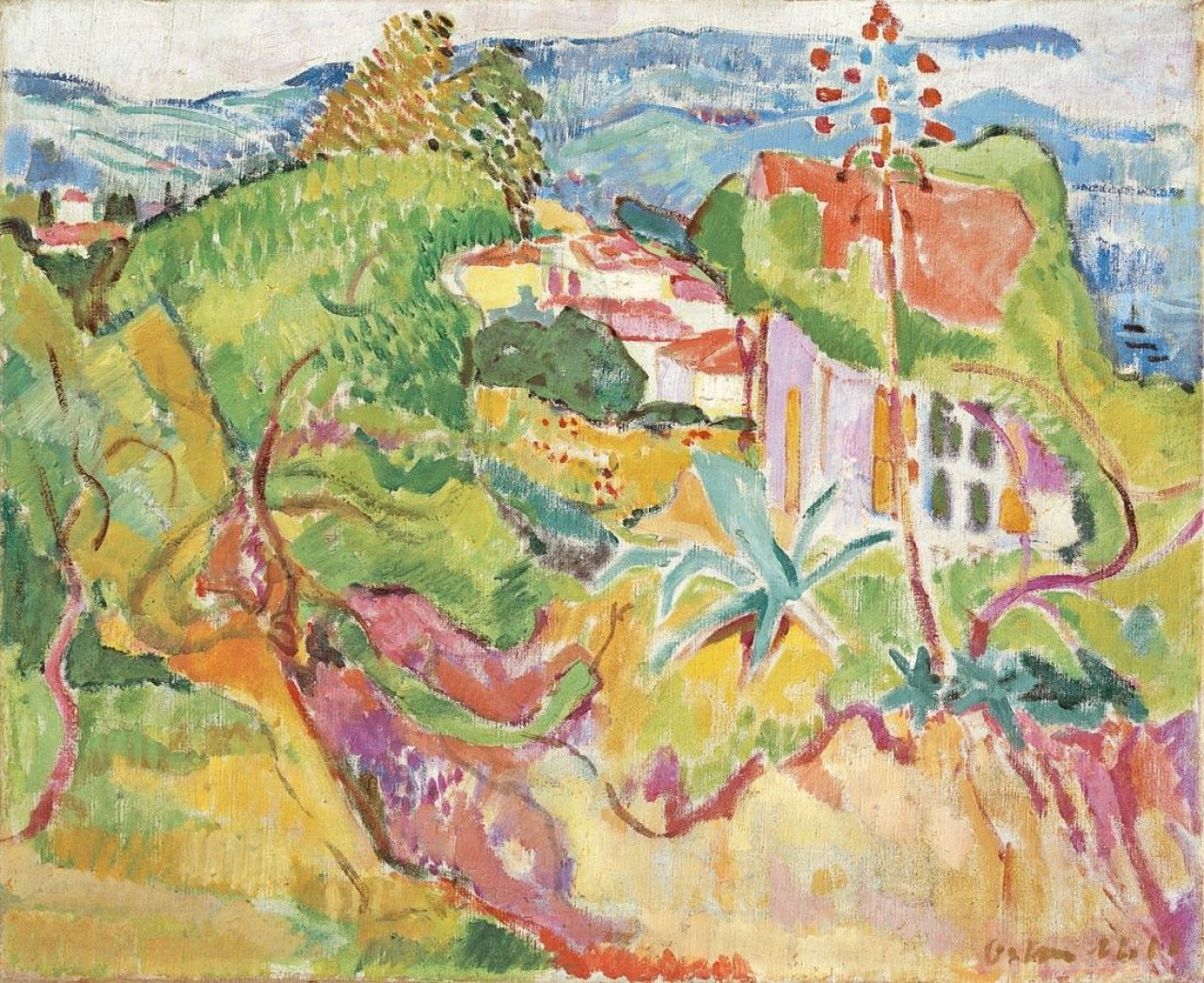 Auf diesem Bild ist das folgende Kunstwerk zu sehen: Oskar Moll. „Landschaft bei Ajaccio (Landschaft auf Korsika)“. 1912.