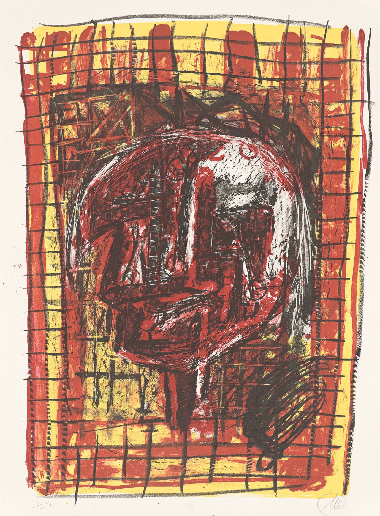 Auf diesem Bild ist das folgende Kunstwerk zu sehen: Markus Lüpertz. Kopf in Rot und Gelb. 1995.