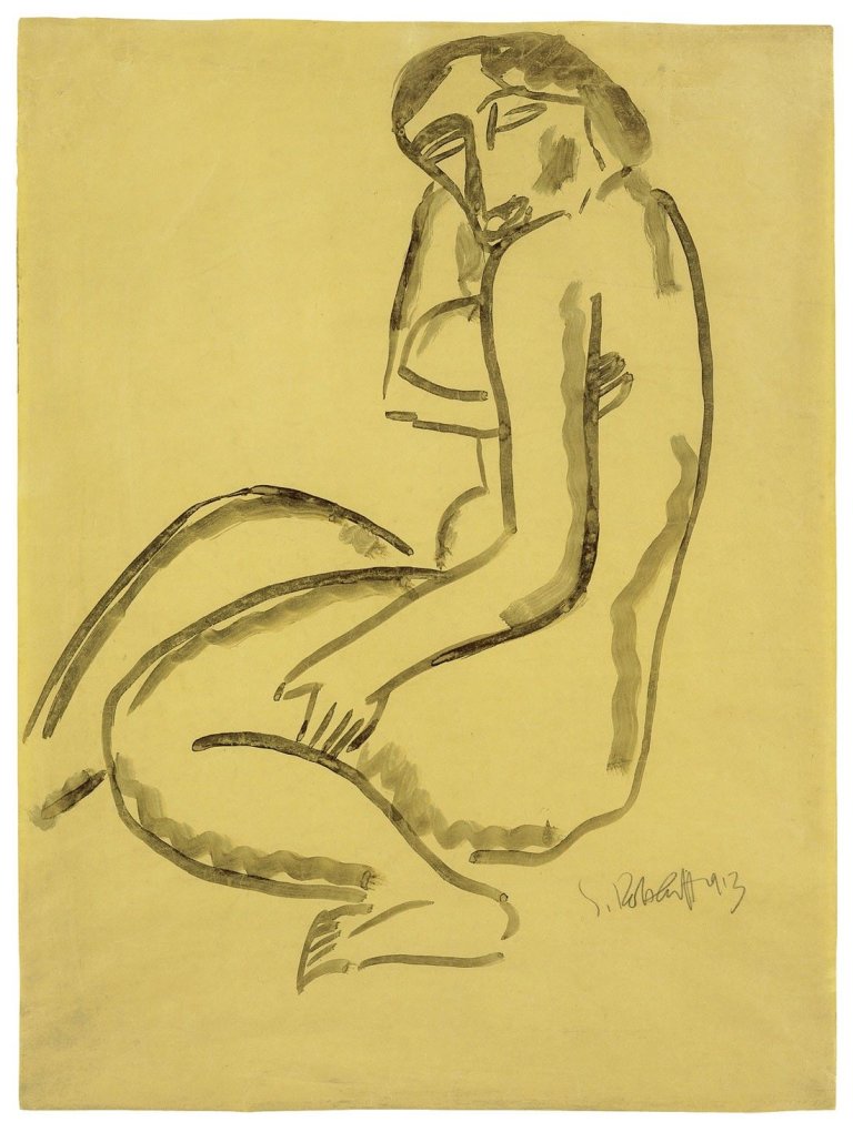 Auf diesem Bild ist das folgende Kunstwerk zu sehen: Karl Schmidt-Rottluff. Sitzender Akt. 1913.