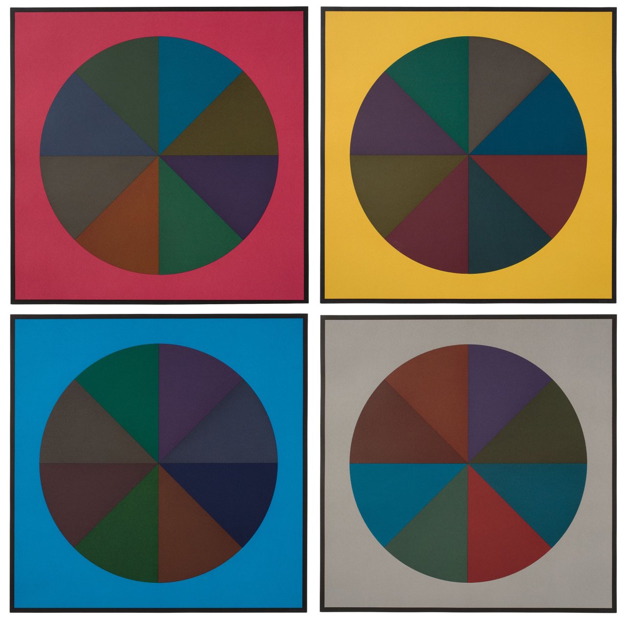 Auf diesem Bild ist das folgende Kunstwerk zu sehen: Sol LeWitt. „Circles Divided into Eight Equal Parts with Colors Superimposed in Each Part“. 1989.