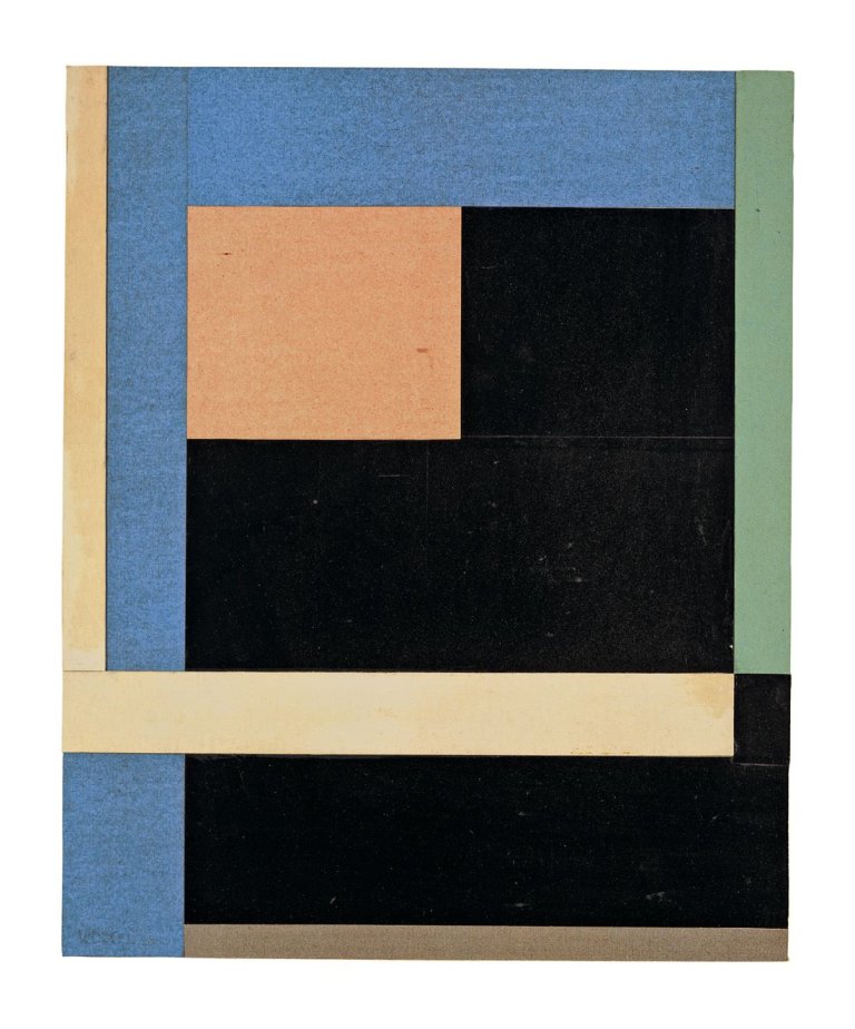 Auf diesem Bild ist das folgende Kunstwerk zu sehen: Walter Dexel. „Rot-Blau-Schwarz“ („Collage rot-blau-schwarz“). 1926.