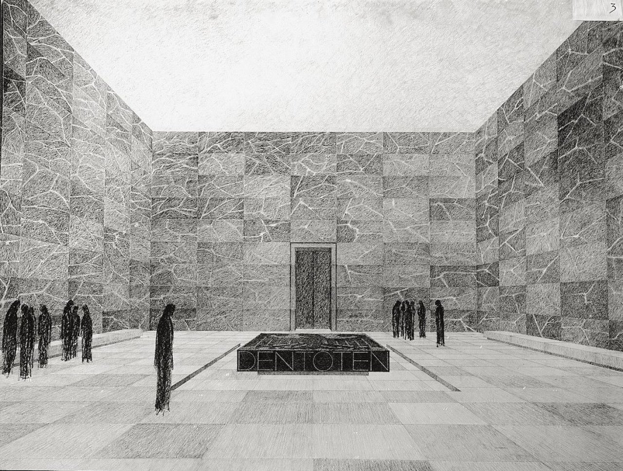 Auf diesem Bild ist das folgende Kunstwerk zu sehen:  Berliner Bild-Bericht. Umgestaltung der Neuen Wache, Berlin, Zeichnung Sergius Rügenberg nach Entwurf von Ludwig Mies van der Rohe. 1930.