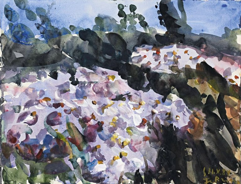 Auf diesem Bild ist das folgende Kunstwerk zu sehen: Klaus Fußmann. Astern im Garten. 1984.