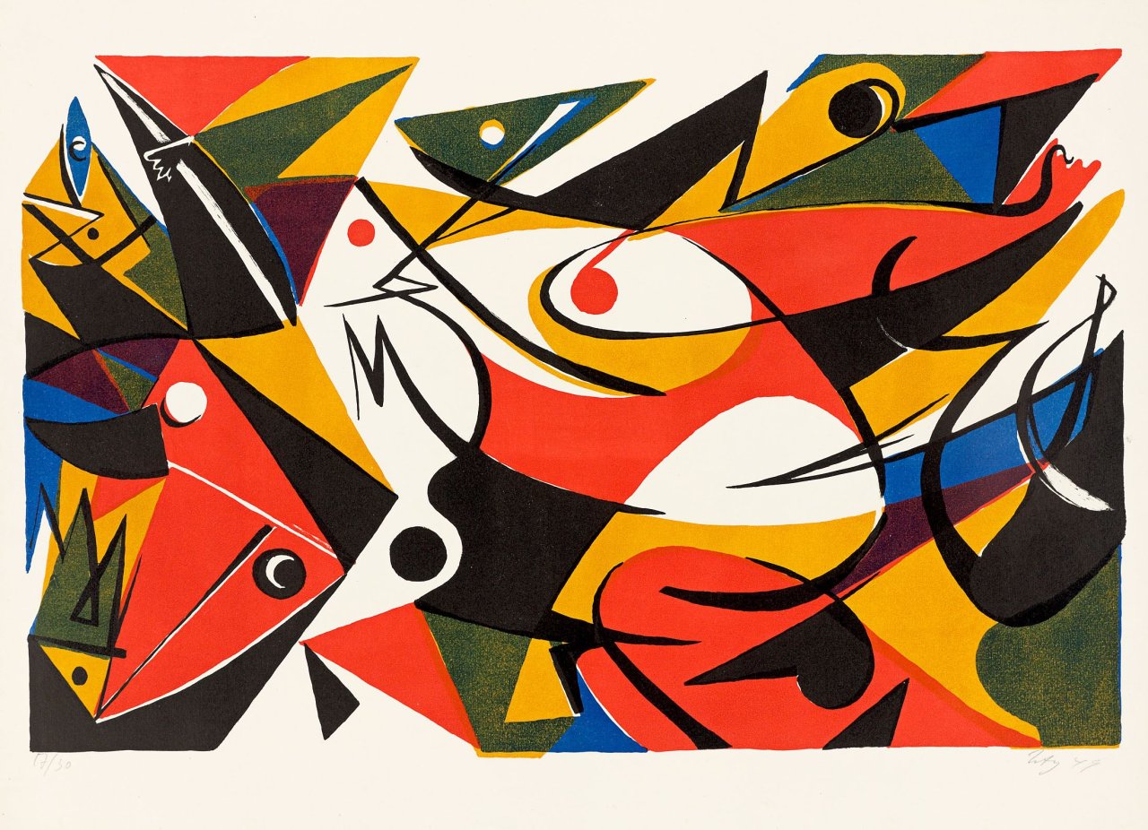 Auf diesem Bild ist das folgende Kunstwerk zu sehen: Ernst Wilhelm Nay. „Verwandlung der Io“. 1949.