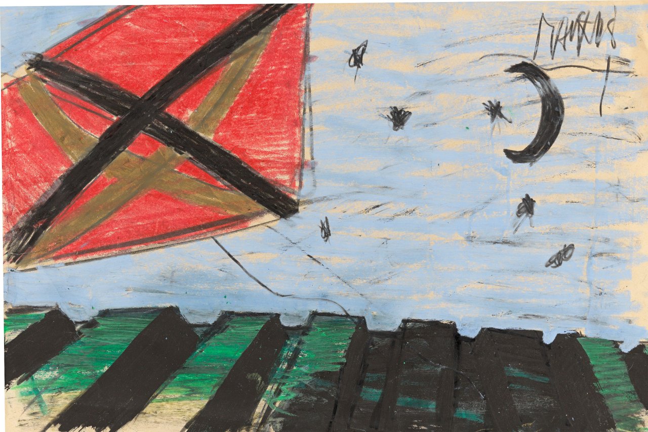 Auf diesem Bild ist das folgende Kunstwerk zu sehen: Markus Lüpertz. Ohne Titel (Drachen und Halbmond). 1970er-Jahre.