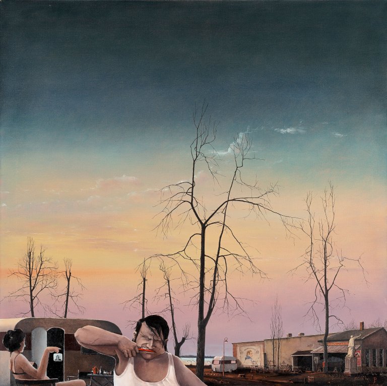 Auf diesem Bild ist das folgende Kunstwerk zu sehen: Matthias Koeppel. "Abenddämmerung in Blumeshof". 1973.