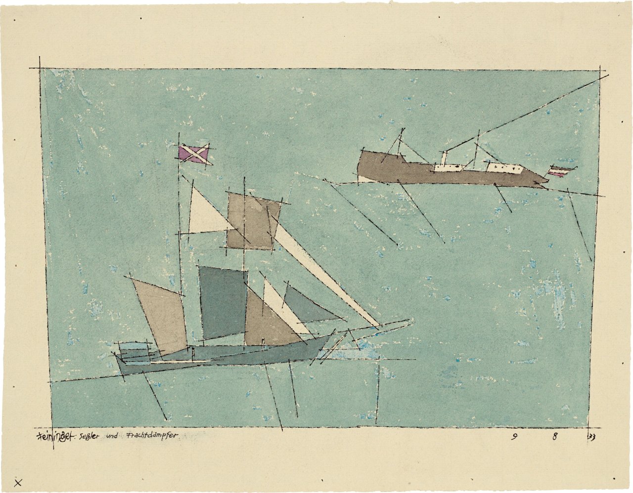 Auf diesem Bild ist das folgende Kunstwerk zu sehen: Lyonel Feininger. „Segler und Frachtdampfer“. 1933.