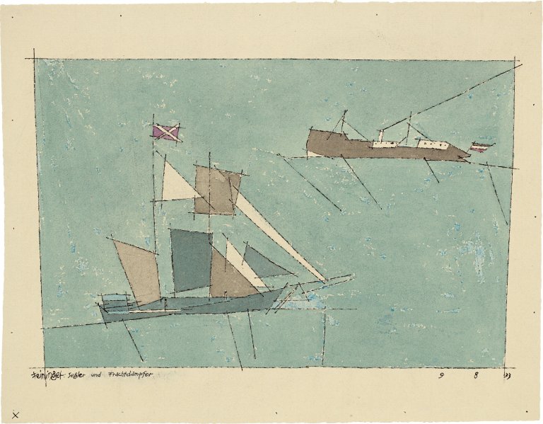 Auf diesem Bild ist das folgende Kunstwerk zu sehen: Lyonel Feininger. „Segler und Frachtdampfer“. 1933.