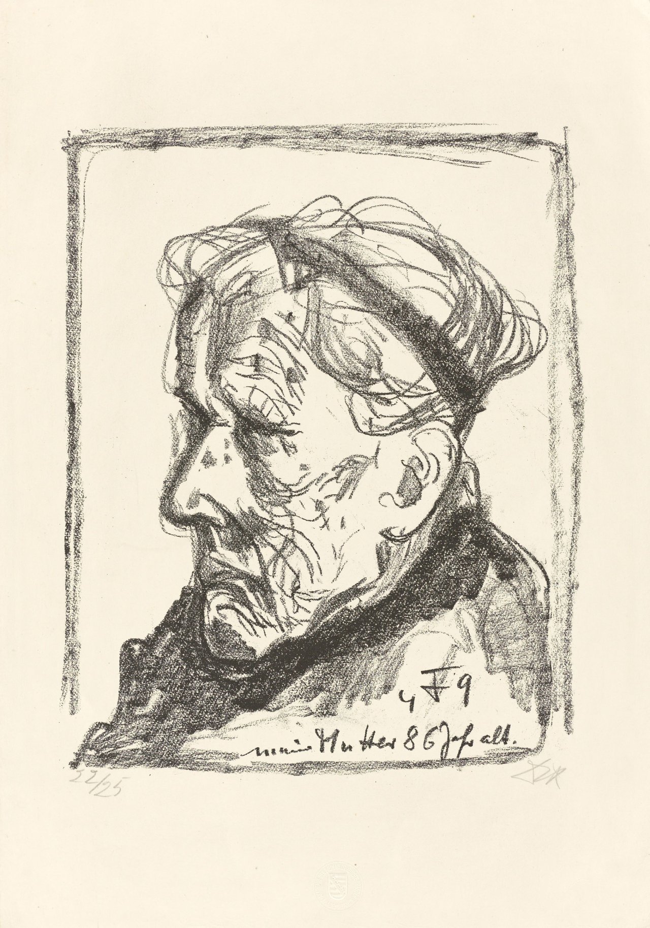 Auf diesem Bild ist das folgende Kunstwerk zu sehen: Otto Dix. „Meine Mutter 86 Jahre alt II (nach links herab blickend)“. 1949.