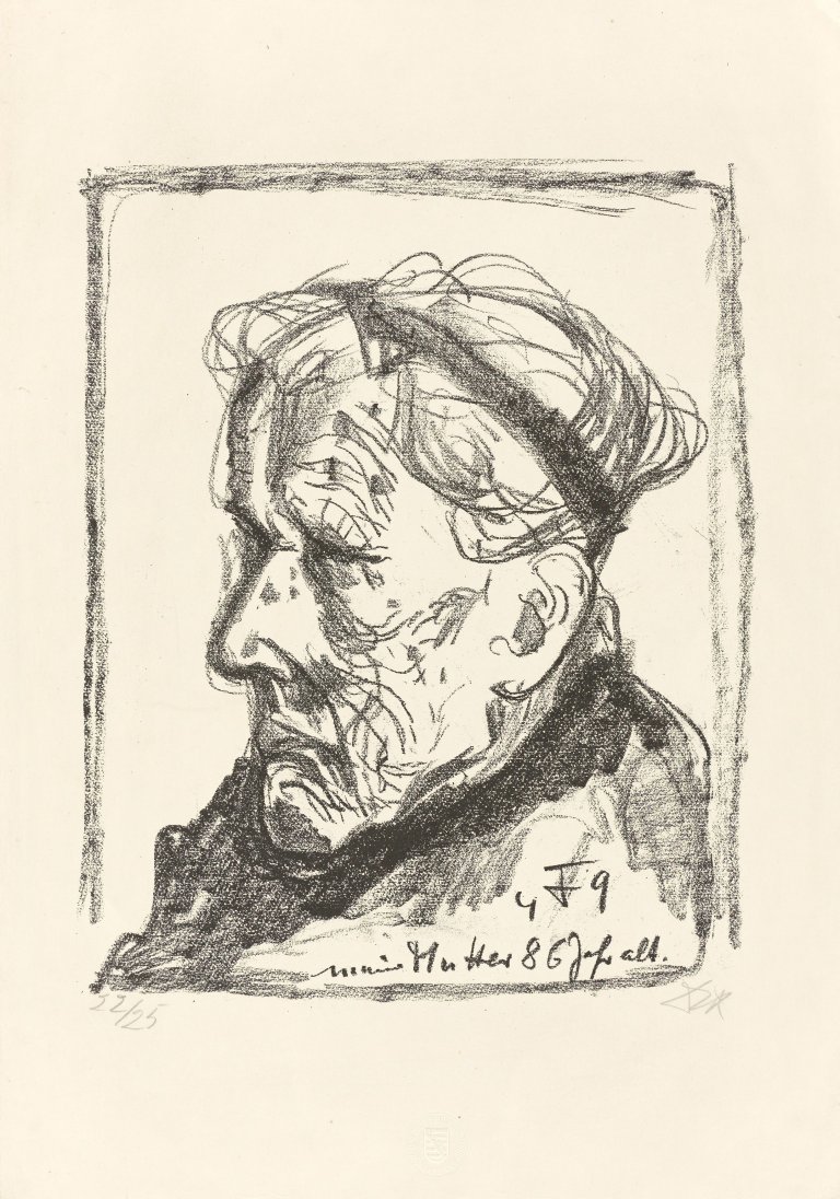 Auf diesem Bild ist das folgende Kunstwerk zu sehen: Otto Dix. „Meine Mutter 86 Jahre alt II (nach links herab blickend)“. 1949.