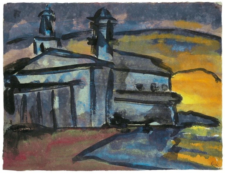 This picture shows the following artwork: Emil Nolde. Abenddämmerung mit Kirche.