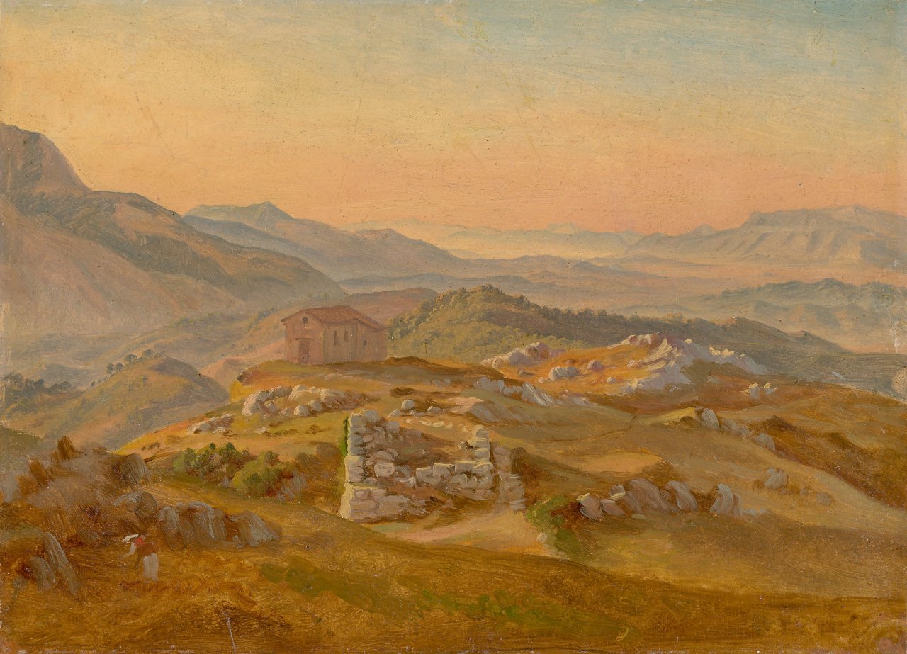 Auf diesem Bild ist das folgende Kunstwerk zu sehen: Gustav Friedrich Papperitz. Blick von Civitella bei Olevano auf den Monte Serrone und die Volkser Berge.