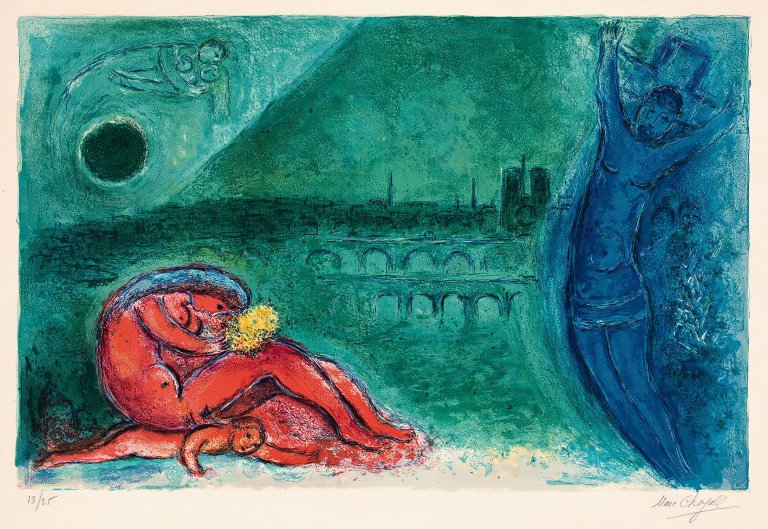 Auf diesem Bild ist das folgende Kunstwerk zu sehen: Marc Chagall. „Quai de la Tournelle“. 1960.