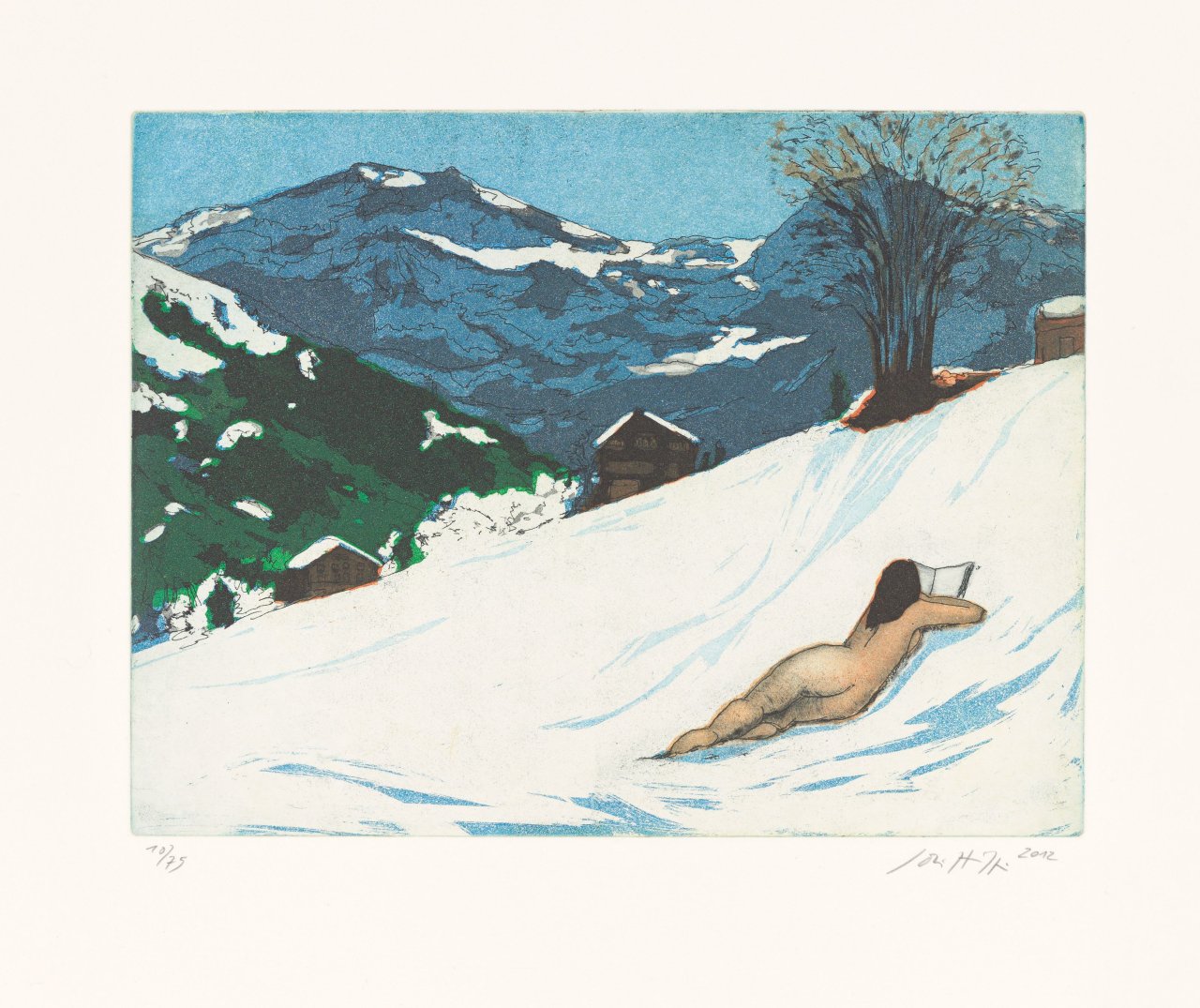 Auf diesem Bild ist das folgende Kunstwerk zu sehen: Johannes Hüppi. „Lenk, Winter, So-Jin liest Robert Walser“. 2012.
