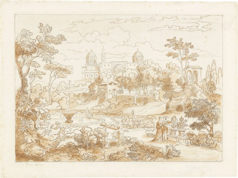 Auf diesem Bild ist das folgende Kunstwerk zu sehen:  Deutsch, um 1830/40. Santa Maria Maggiore in Rom vom Garten der Villa Negroni.