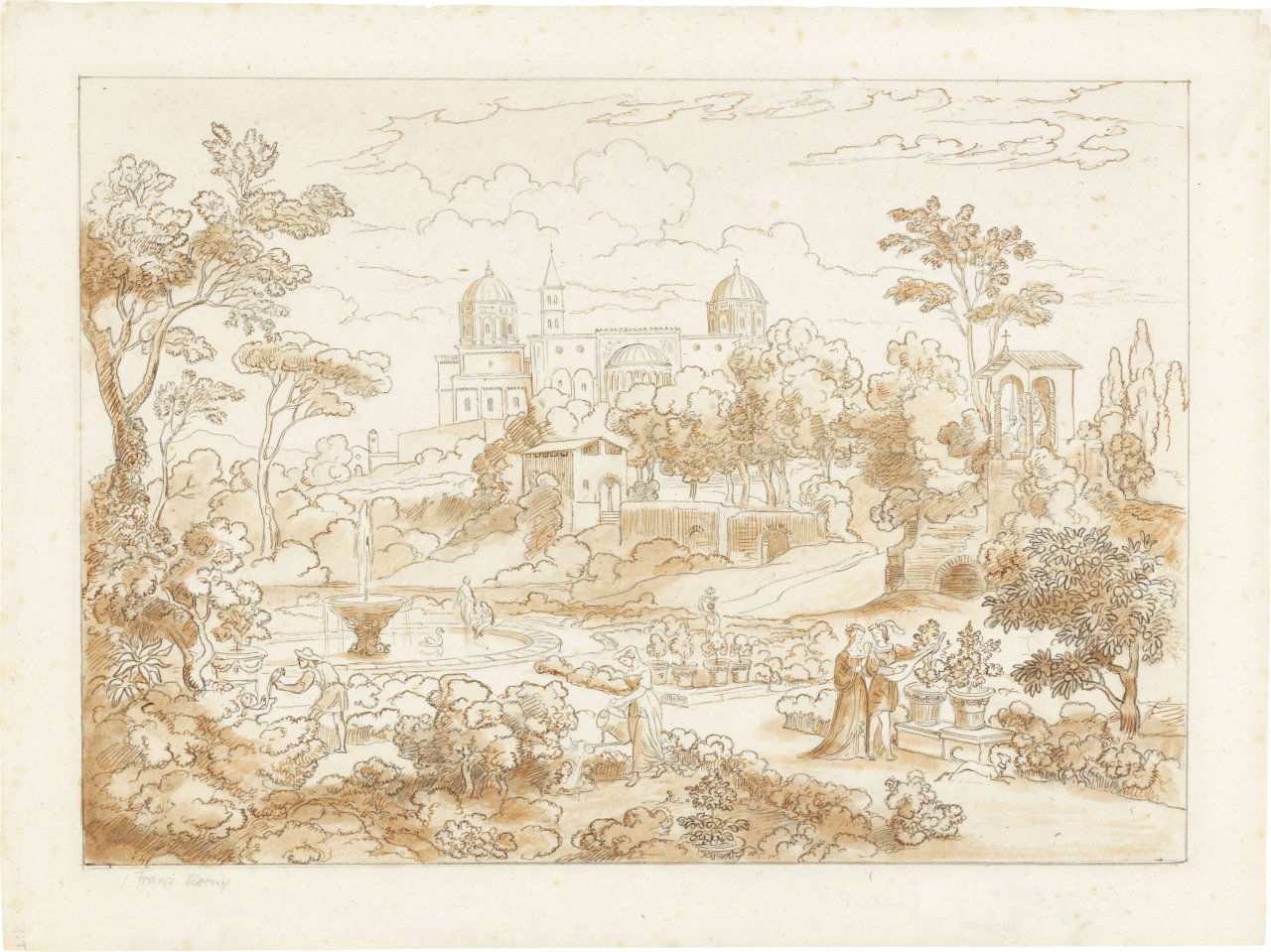 Auf diesem Bild ist das folgende Kunstwerk zu sehen:  Deutsch, um 1830/40. Santa Maria Maggiore in Rom vom Garten der Villa Negroni.