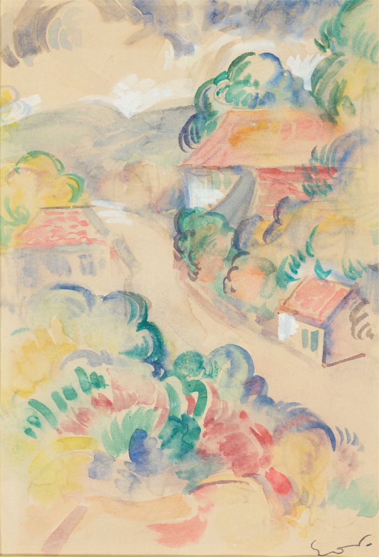 Auf diesem Bild ist das folgende Kunstwerk zu sehen: Emile Othon Friesz. Sommerlandschaft mit Weg und Häusern. Um 1905.