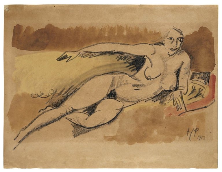 Auf diesem Bild ist das folgende Kunstwerk zu sehen: Max Pechstein. Liegender weiblicher Akt. 1913.
