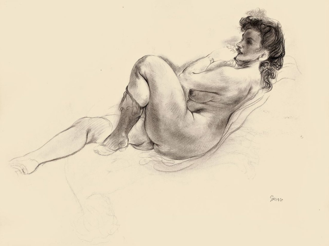 This picture shows the following artwork: George Grosz. Liegender Akt mit Strümpfen. 1947.