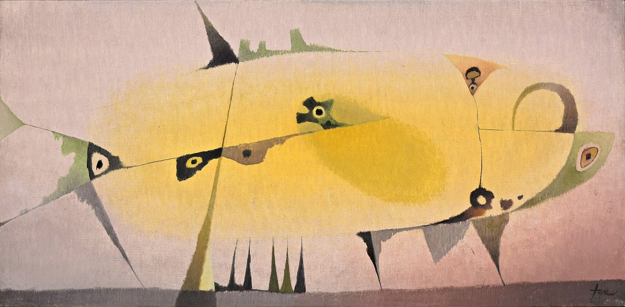 Auf diesem Bild ist das folgende Kunstwerk zu sehen: Hans Jaenisch. Raubfisch. 1956.