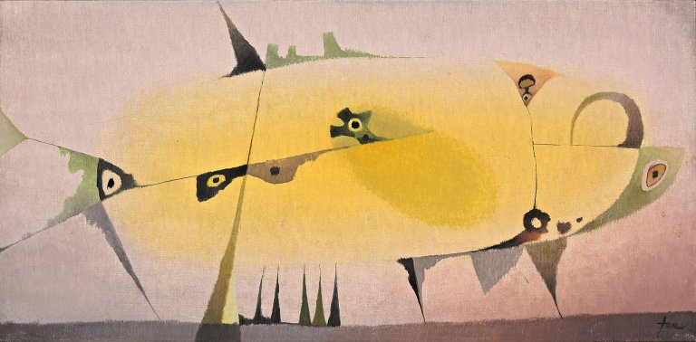 Auf diesem Bild ist das folgende Kunstwerk zu sehen: Hans Jaenisch. Raubfisch. 1956.