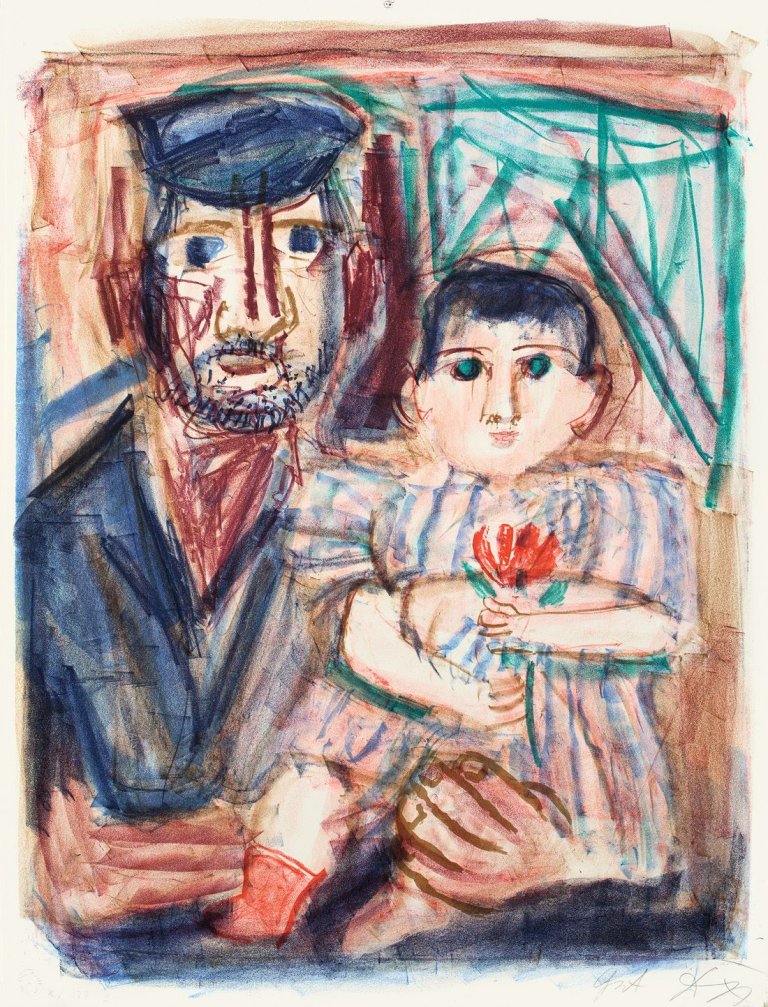 Auf diesem Bild ist das folgende Kunstwerk zu sehen: Otto Dix. „Hafenarbeiter mit Kind“. 1968.