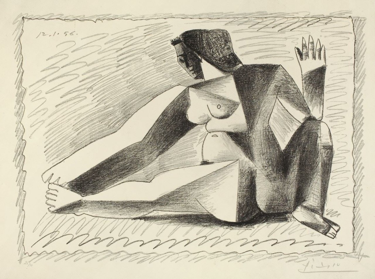 Auf diesem Bild ist das folgende Kunstwerk zu sehen: Pablo Picasso. „Femme accroupie au bras levé“. 1956.