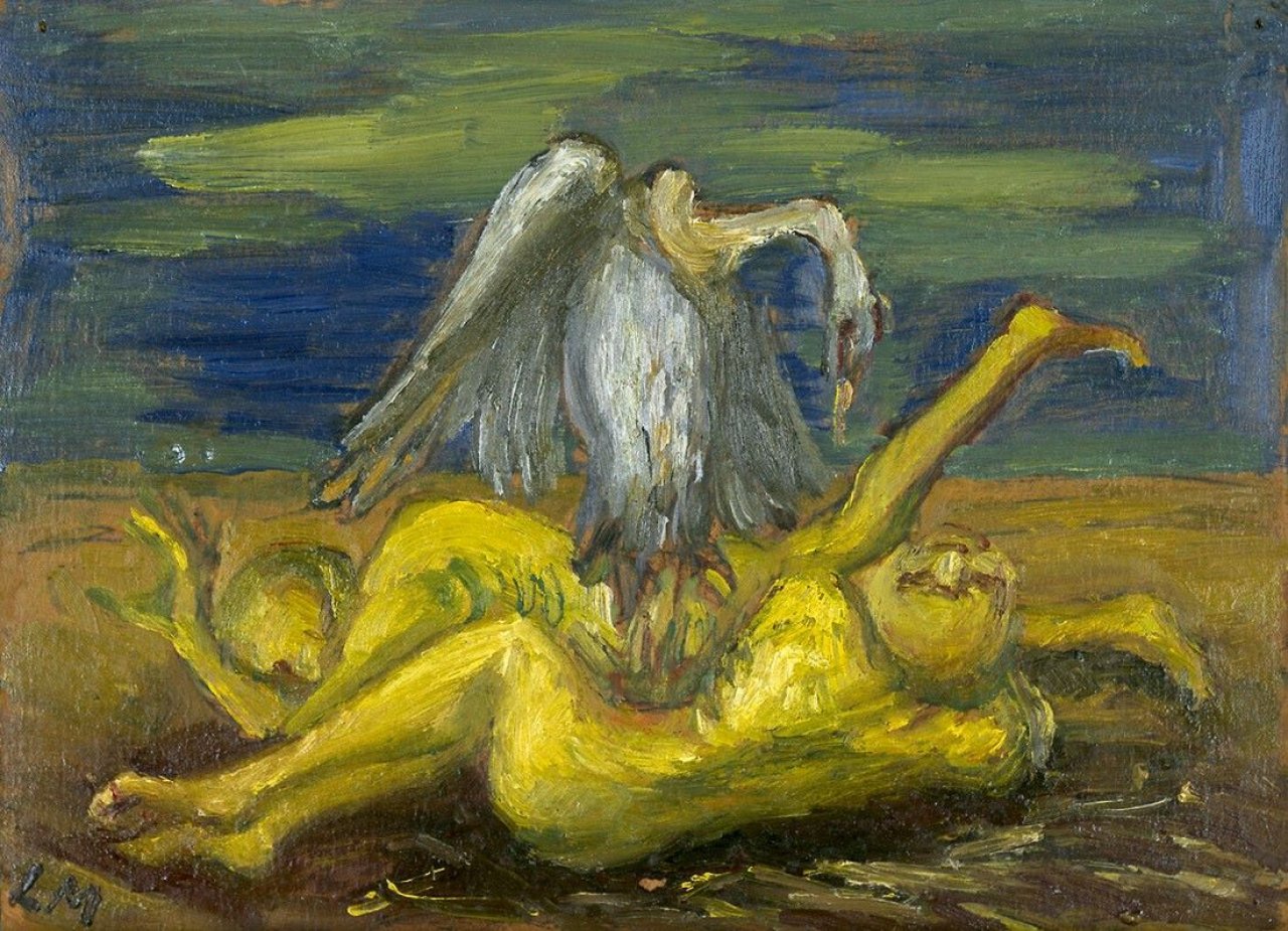 Auf diesem Bild ist das folgende Kunstwerk zu sehen: Ludwig Meidner. Geier und Opfer in der Wüste. 1956/60.