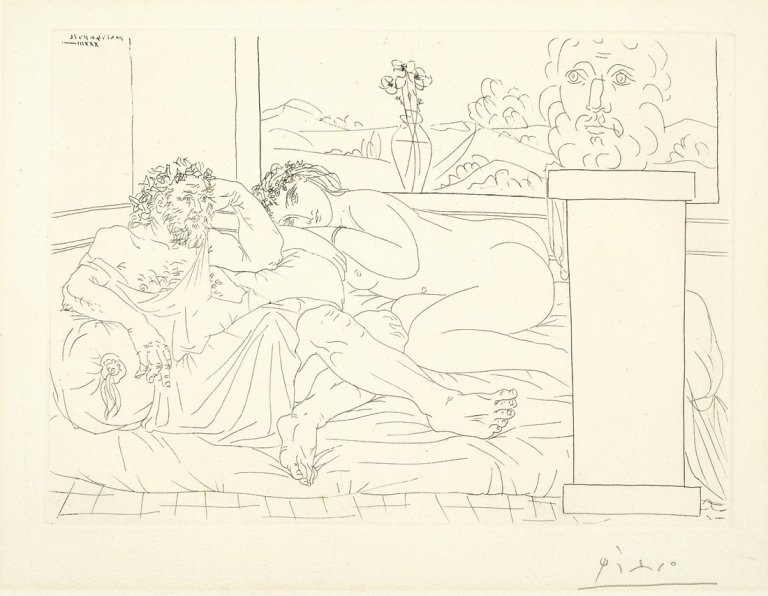 Auf diesem Bild ist das folgende Kunstwerk zu sehen: Pablo Picasso. „Vieux sculpteur grec avec modèle, vase aux trois anémones et autoportrait sculpté“. 1933.