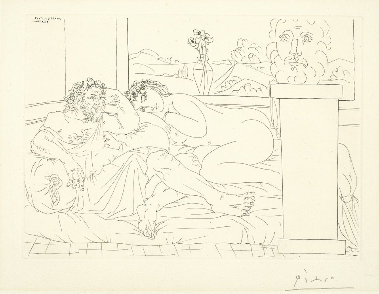 Auf diesem Bild ist das folgende Kunstwerk zu sehen: Pablo Picasso. „Vieux sculpteur grec avec modèle, vase aux trois anémones et autoportrait sculpté“. 1933.