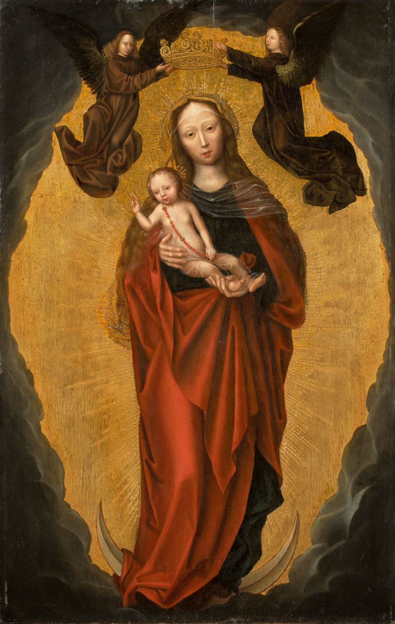 Auf diesem Bild ist das folgende Kunstwerk zu sehen: Albert Cornelis. Madonna mit dem Kind auf der Mondsichel. Um 1520.