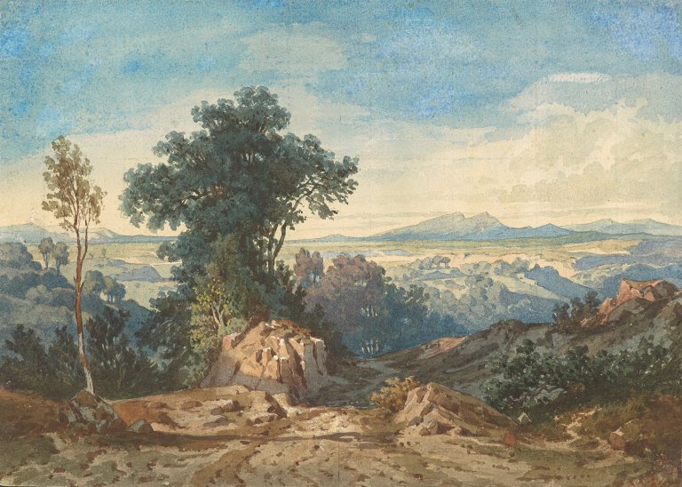 Auf diesem Bild ist das folgende Kunstwerk zu sehen:  Deutsch, um 1830. Italienische Landschaft.