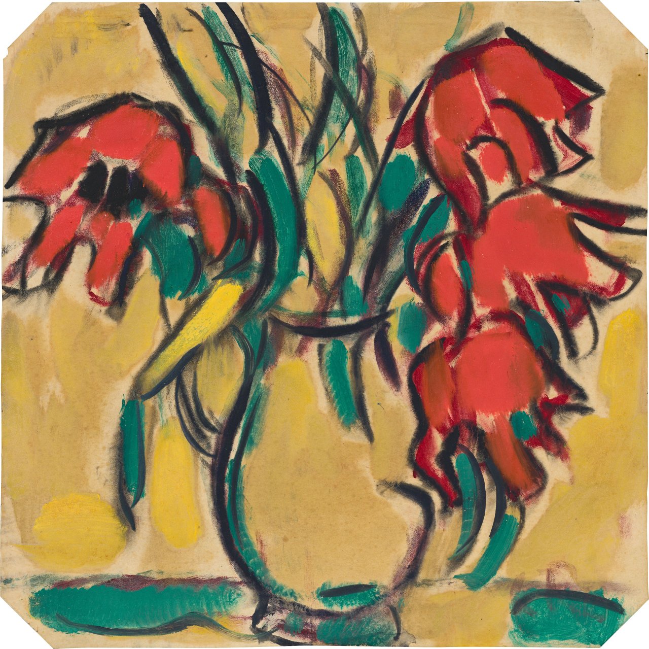 Auf diesem Bild ist das folgende Kunstwerk zu sehen: Christian Rohlfs. „Papageientulpen in gelber Vase“. 1919.