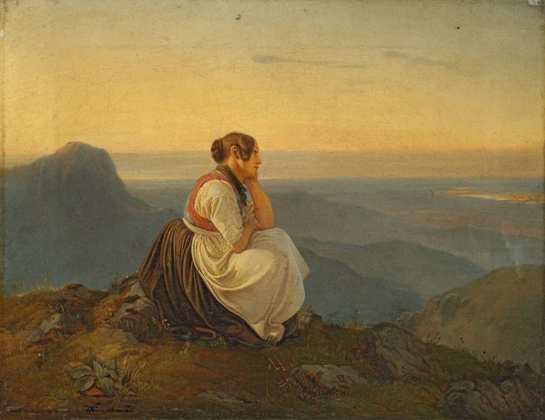 Auf diesem Bild ist das folgende Kunstwerk zu sehen: Friedrich August Wünschmann. Sitzende junge Frau im Elbsandsteingebirge.