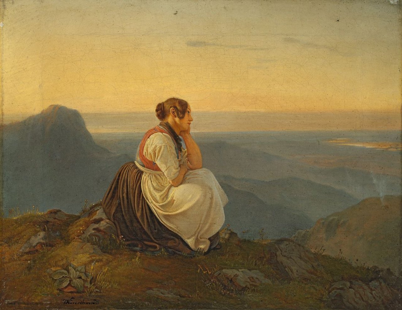 Auf diesem Bild ist das folgende Kunstwerk zu sehen: Friedrich August Wünschmann. Sitzende junge Frau im Elbsandsteingebirge.