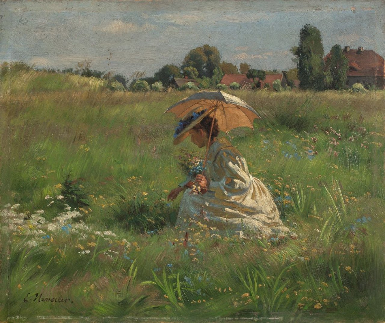 This picture shows the following artwork: Ernst Henseler. Blumen pflückende Frau mit Sonnenschirm („Vergißmeinnicht“).