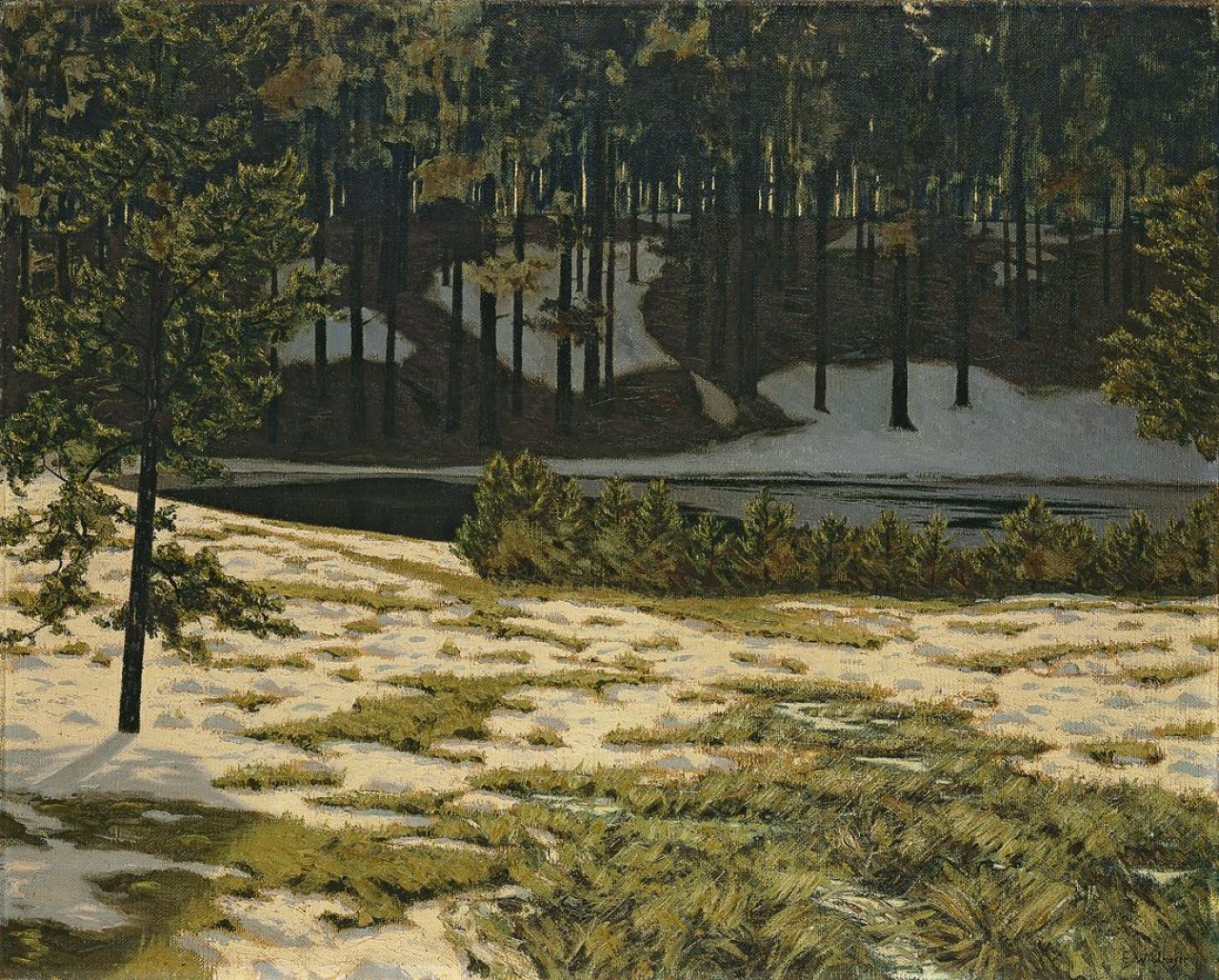 Auf diesem Bild ist das folgende Kunstwerk zu sehen: Fritz Wildhagen. Märztag am Pechsee (Grunewald). (Vor) 1911.